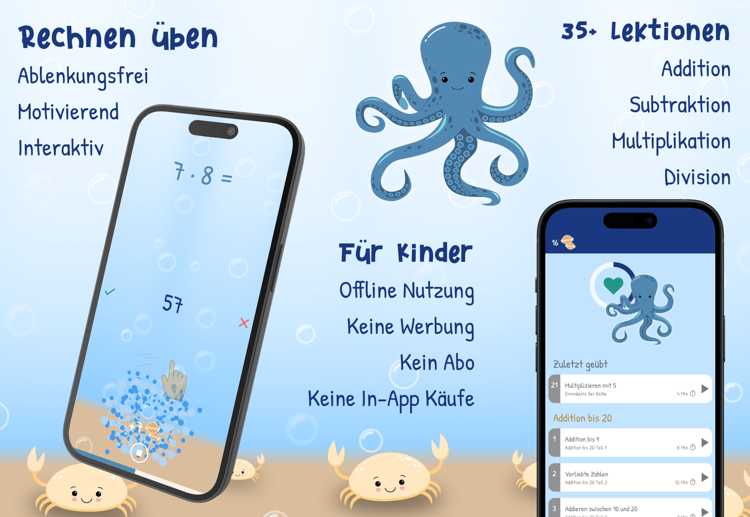 Die Pro Version ist ideal für Bildungseinrichtungen. Kopfrechnen üben, Einmaleins üben und Grundrechnenarten festigen mit unserer interaktiven App für Kinder von 5–8 Jahren